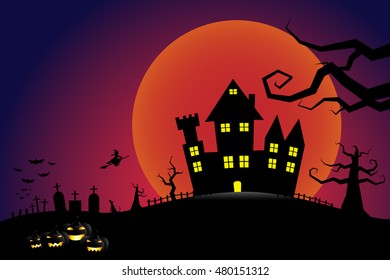 Halloween pumpkins and a flying witch from dark castle with bloody Moon background