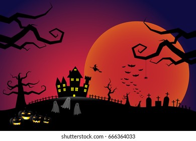 Halloween pumpkins and a flying witch from dark castle with bloody Moon background