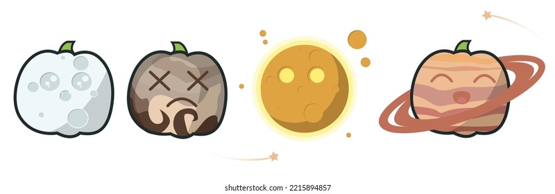 Halloween pumpkins in the form of planets with happy faces on a white background. Vector cute cartoon illustration of space objects Pluto, Saturn, moon, sun.