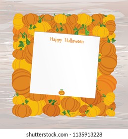 Halloween. Pumpkins in the form of a square. Greeting card or invitation for a holiday. Empty form for text or message. Vector on wooden background.