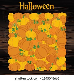 Halloween. Pumpkins in the form of a square. Greeting card or invitation for a holiday. Empty form for text or message. Vector on wooden background.