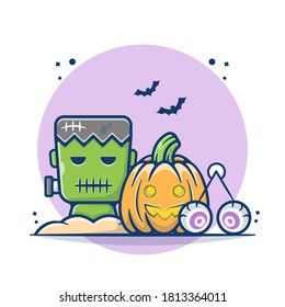 Halloween Pumpkins and Frankenstein Vector Illustration. Halloween Day Party Concept. Flat Cartoon Style Suitable for Sticker, Wallpaper, Icon, Landing Page, Web.