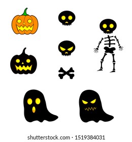 Halloween Pumpkins and Friends, Orange pumpkin, black pumpkin, skull skeleton and ghost