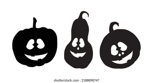 Halloween pumpkins with funny expressions.Vector illustration.Black silhouettes on a white background.