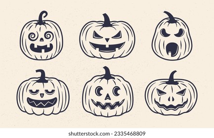 Halloween pumpkins. Funny Pumpkin set. Halloween pumpkins isolated on black background. Vector illustration