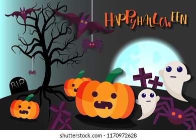Halloween pumpkins ,ghost bat and dark bare tree on blue Moon background, illustration.