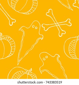 Halloween pumpkins, ghost and bones seamless pattern. Vector autumn vegetables print. 31 october background. Good for fabrics, wrapping, wallpaper, posters, banners, books, menu, shop design.