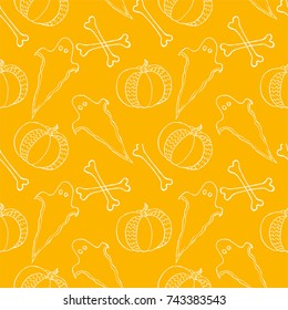 Halloween pumpkins, ghost and bones seamless pattern. Vector autumn vegetables print. 31 october background. Good for fabrics, wrapping, wallpaper, posters, banners, books, menu, shop design.
