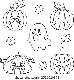 Calabazas de Halloween y Ilustración vectorial de libro para colorear fantasma. Esquema de la línea de arte. página de libro para colorear de Halloween para niños. Cute Funny Spooky Pumpkins