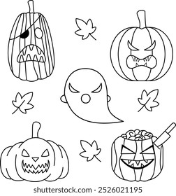 Calabazas de Halloween y Ilustración vectorial de libro para colorear fantasma. Esquema de la línea de arte. página de libro para colorear de Halloween para niños. Spooky Pumpkins