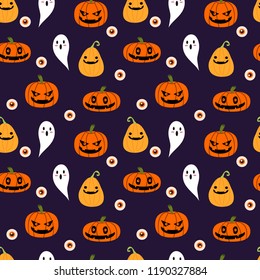 Halloween pumpkins, ghost and eyeball seamless pattern. Horror Halloween concept.
