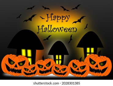 Halloween Pumpkins in Ghost Forest at Night, Halloween, Abandoned House and Horror