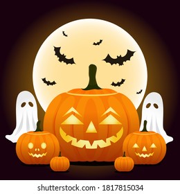 Halloween, calabazas con fantasma en la noche
