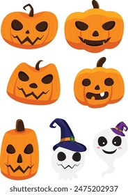 halloween pumpkins and ghost vector, editable vector, cute halloween assets.