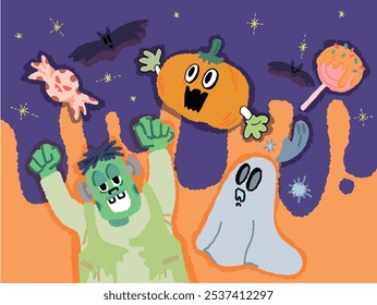 Halloween, calabazas, fantasmas, dulces, postres, bocadillos, fantasmas, Frankenstein, monstruos, personajes, dibujos, cuadros, Vectores