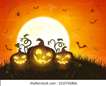 Halloween pumpkins with ghosts. Moon on orange night background. Card with Jack O' Lanterns, bats and black spiders. Illustration can be used for children's holiday design, cards, invitations, banners