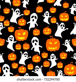 Halloween pumpkins and ghosts on black background. The composition of three layers can be separated apart.