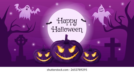 Halloween pumpkins with glowing scare faces on spooky purple cloudy night background with graveyard , ghosts and bat. Festive holiday greeting banner.