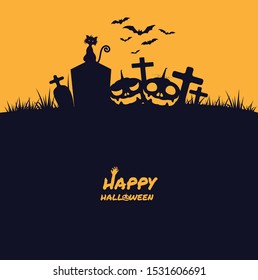 Halloween pumpkins graves,cat,bat silhouette.Background vector illustration.