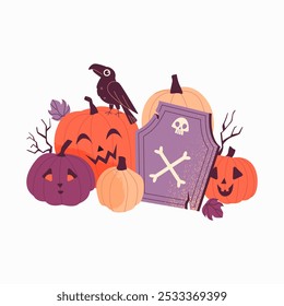 Halloween Pumpkins With Gravestone And Crow In Flat Vector Illustration Symbolizing Spooky Holiday And Autumn, Isolated On White Background