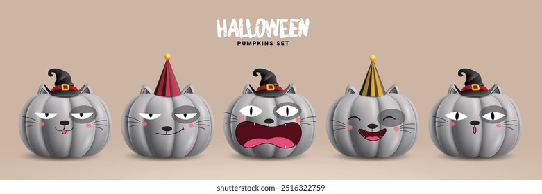 Halloween pumpkins gray vector set design. Pumpkins gray cat characters collection with cute, funny and naughty facial expression isolated white background. Vector illustration happy cat pumpkins set.