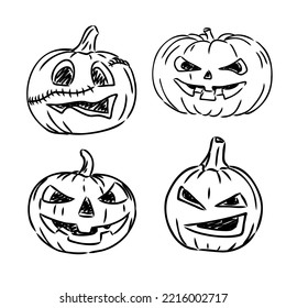 Halloween pumpkins hand drawing doodle sketch style set with different facial expressions