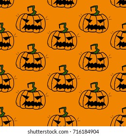 Halloween Pumpkins - Hand Drawn Doodle Seamless Pattern / Background. Vector Illustration