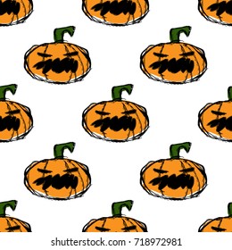 Halloween Pumpkins - Hand Drawn Doodle Seamless Pattern / Background. Vector Illustration