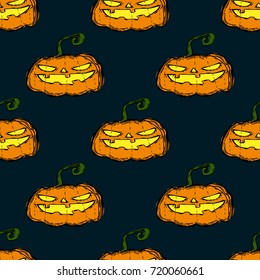 Halloween Pumpkins - Hand Drawn Doodle Seamless Pattern / Background. Vector Illustration