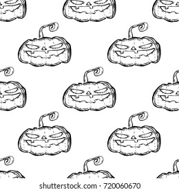 Halloween Pumpkins - Hand Drawn Doodle Seamless Pattern / Background. Vector Illustration