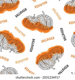 Halloween pumpkins hand drawn seamless pattern with a blob on a white background