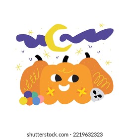 Halloween pumpkins. Hand drawn seasonal illustration. Moon, sweets, skull, spooky night. Seasonal art. Trendy design elements for scary party. Autumn celebration clipart.