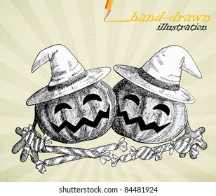 halloween pumpkins - hand-drawn illustration