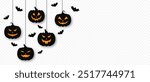 Halloween pumpkins are hanging on a transparent background. Halloween pumpkins with scary faces and bats. Scary faces and ghosts for Halloween greeting cards, invitations, and web banners. Vector