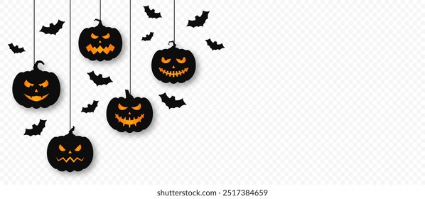 As abóboras de Halloween estão penduradas em um fundo transparente. Abóboras de Halloween com rostos e morcegos assustadores. Rostos e fantasmas assustadores para cartões de felicitações do Halloween, convites e banners da web. Vetor