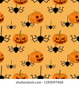 Halloween pumpkins and hanging spider cute seamless pattern. vector illustration for fashion textile print and wrapping with festive design.