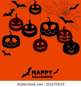 Halloween pumpkins hanging from a web on an orange background, vector illustration. Congratulatory post with pumpkins with scary faces and bats