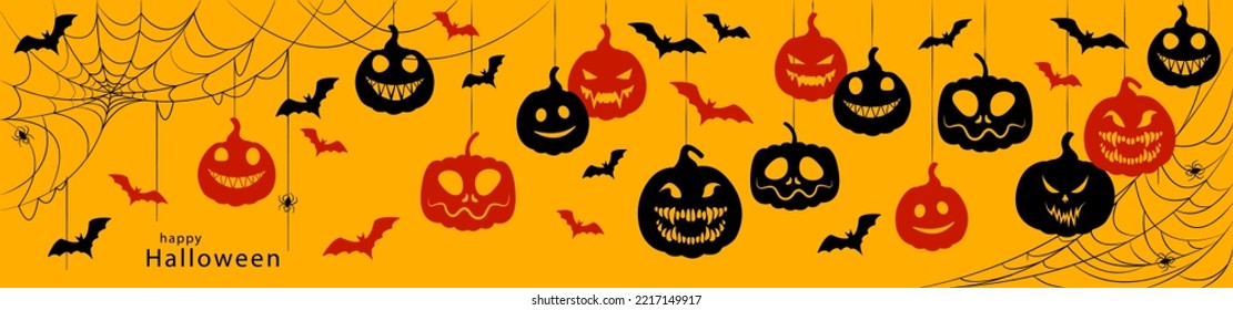 Halloween pumpkins hanging from a web on a yellow background, vector horizontal illustration. Congratulatory banner with scary black and red pumpkins, cobwebs and bats. Happy Halloween