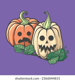 Halloween pumpkins with happy and sad faces. Two colorful pumpkins on purple background with leaves. Vector illustration, pumpkins, autumn.