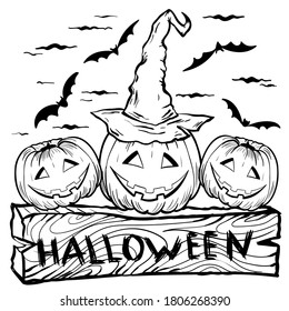 Halloween pumpkins in hat and lettering on wood isolated on white background, hand drawn, trandy sketch style, vector illustration. Suitable for greeting cards, posters and web design.