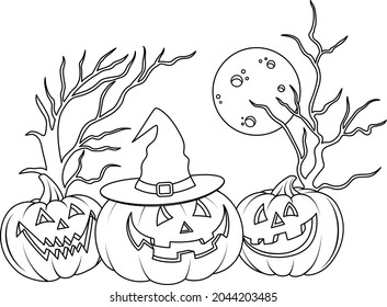 Halloween pumpkins with hat outline. Happy Halloween concept. Illustration design for greeting card, poster banner or print.