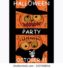 Halloween pumpkins hat poster banner background Skull face bones logo icon sign Abstract modern doodle cartoon cute funny design style Fashion print clothes apparel greeting card online store flyer