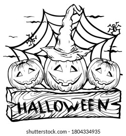 Halloween pumpkins in hat and web isolated on white background, hand drawn, trandy sketch style, vector illustration. Suitable for greeting cards, posters and web design.