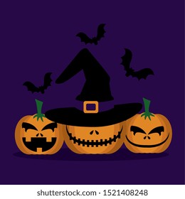 halloween pumpkins with hat witch and bats flying vector illustration design