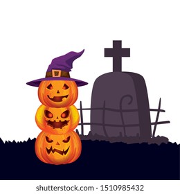 halloween pumpkins with hat witch and tomb
