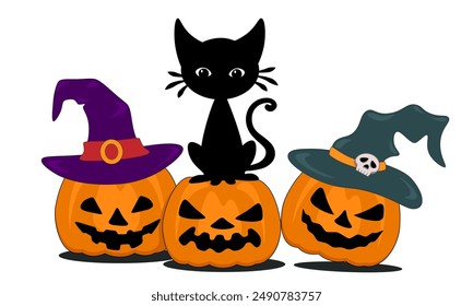 Halloween pumpkins in hats and black kitten, decorative composition for greeting card, banner, invitation, vector illustration on a white background.