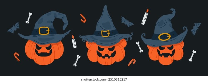 Halloween pumpkins in hats. Spooky carved jack-o-lanterns, scary orange pumpkins with sinister faces flat vector illustration set. Halloween pumpkin mascots