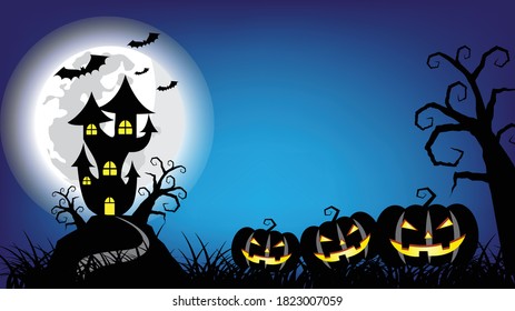 Halloween pumpkins and haunted castle on full Moon night blue background
