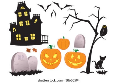 Halloween Pumpkins Haunted House Bats and Tombstone