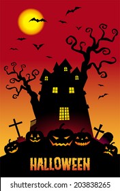 Halloween pumpkins and a haunted mansion in the twilight / vector illustration